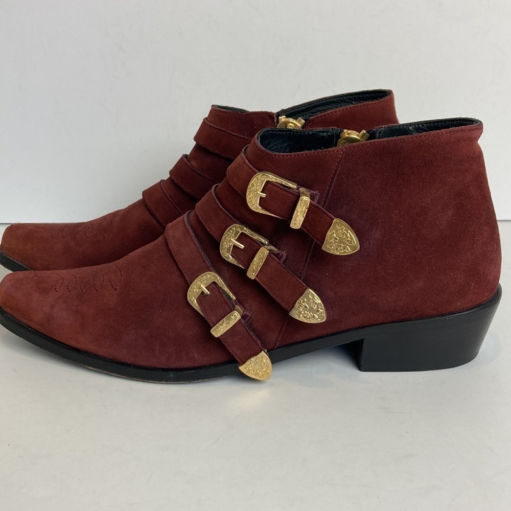 Anine Bing Witchy Western Emma Boots Burgundy Gold Triple Buckle Luxury Cowboy - Picture 6 of 16